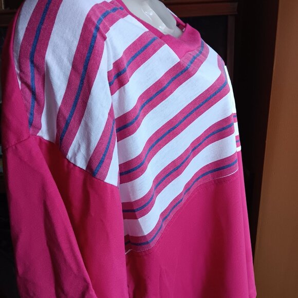 44/24W Vintage 90's Padded T-shirt Pink Striped Square Neck Embroidered Pocket - Picture 6 of 8
